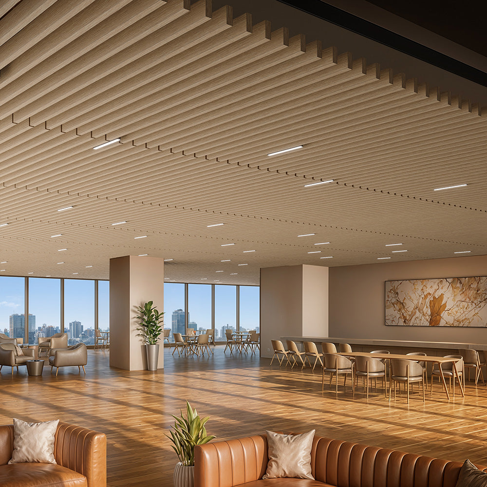 Suspended Acoustic Drop Ceiling Wood Baffle System – Natural Oak