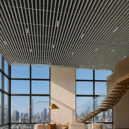 Suspended Acoustic Drop Ceiling Wood Baffle System – Light Walnut