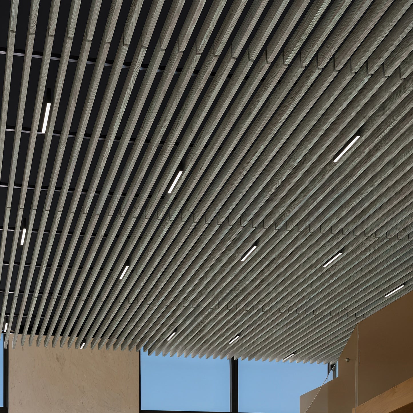 Suspended Acoustic Drop Ceiling Wood Baffle System – Light Walnut