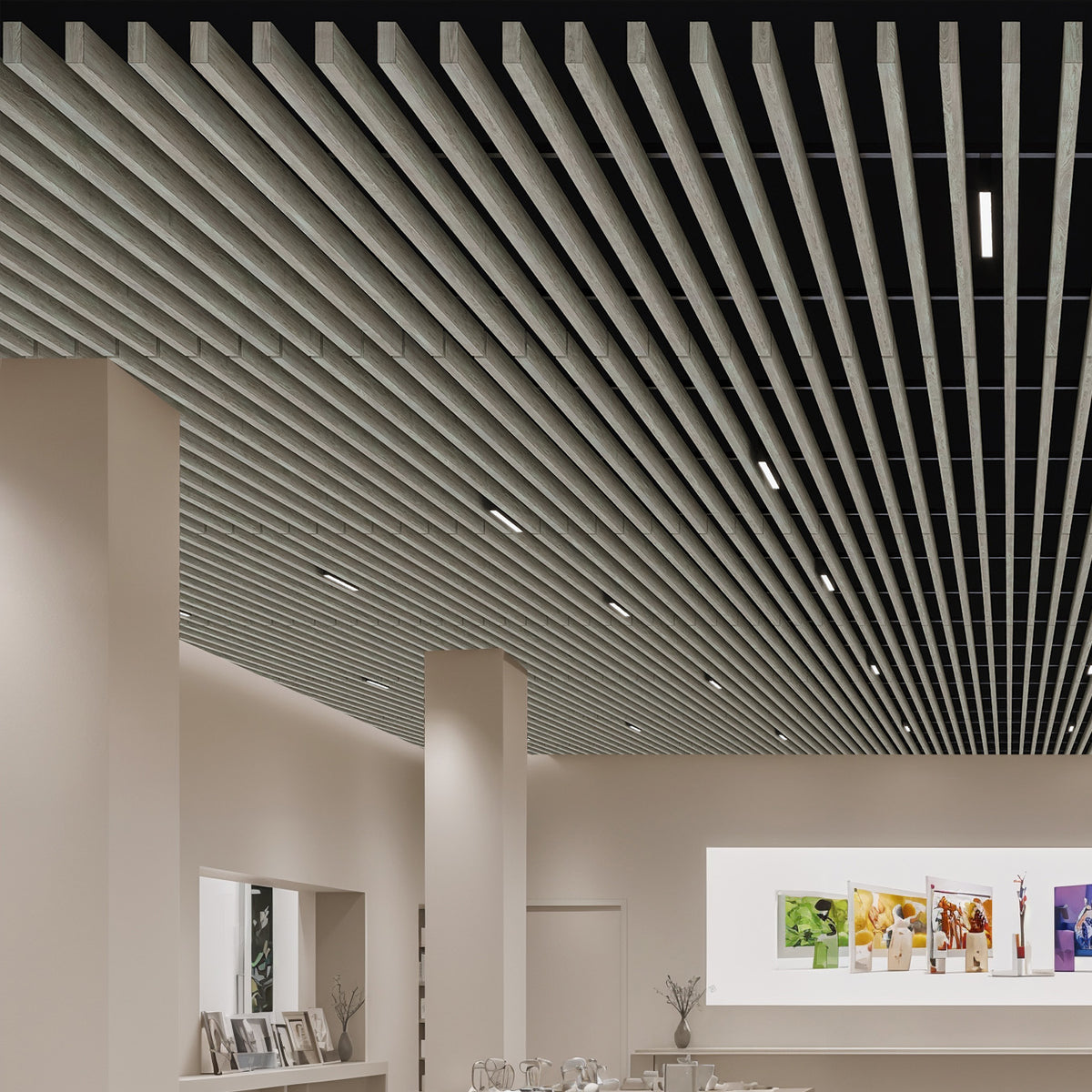 Suspended Acoustic Drop Ceiling Wood Baffle System – Light Walnut