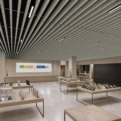 Suspended Acoustic Drop Ceiling Wood Baffle System – Light Walnut