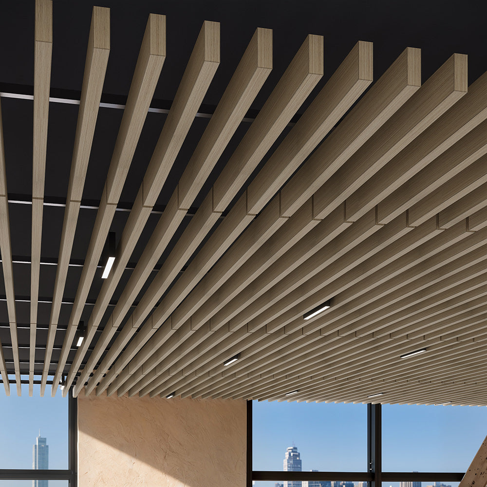Suspended Acoustic Drop Ceiling Wood Baffle System – White Oak