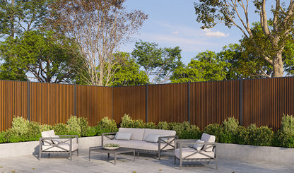 All-Weather WPC Composite Fence Slat Panel System - Weathered Teak With Black Accents