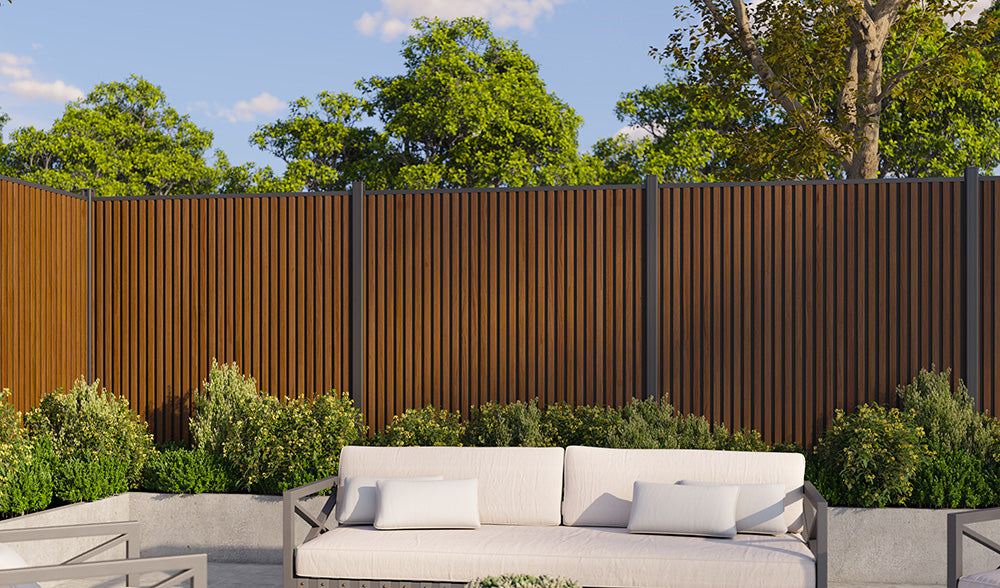 All-Weather WPC Composite Fence Slat Panel System - Weathered Teak With Black Accents
