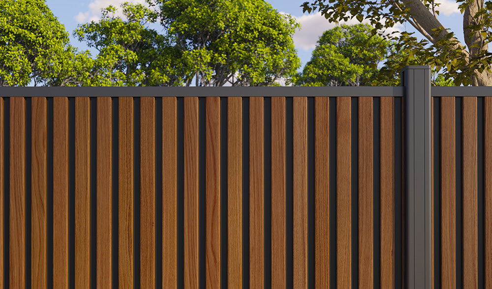 All-Weather WPC Composite Fence Slat Panel System - Weathered Teak With Black Accents