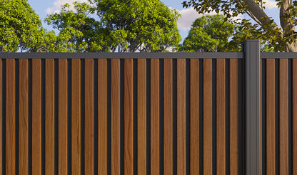 All-Weather WPC Composite Fence Slat Panel System - Weathered Teak With Black Accents