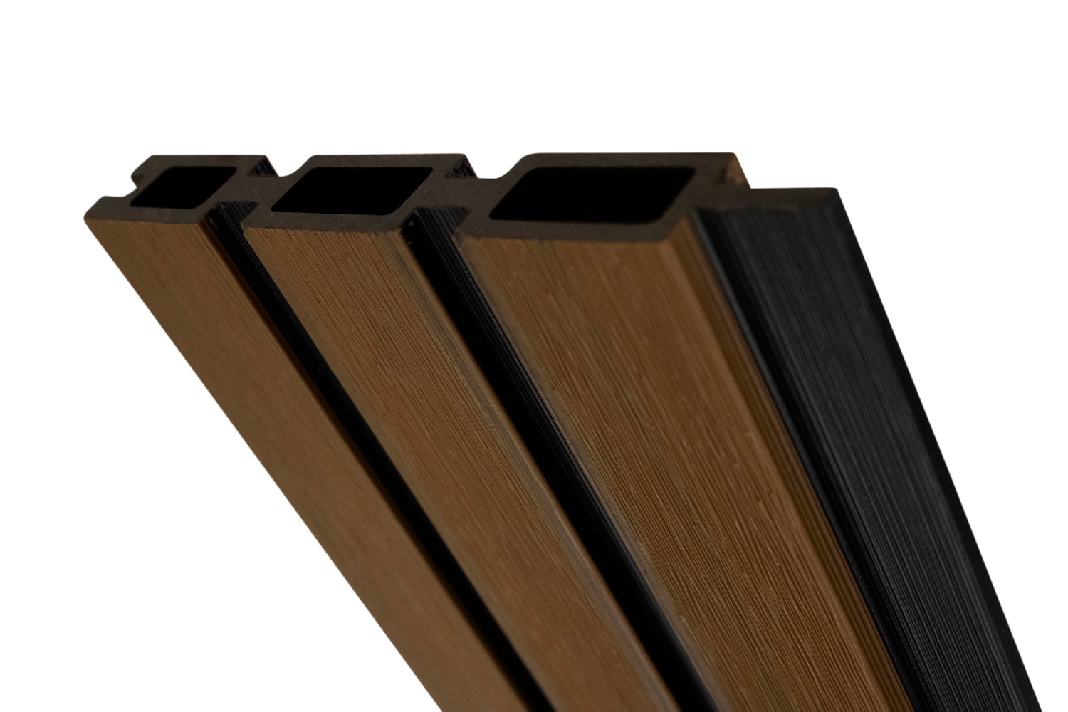 All-Weather WPC Composite Fence Slat Panel System - Weathered Teak With Black Accents