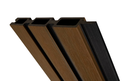 All-Weather WPC Composite Fence Slat Panel System - Weathered Teak With Black Accents