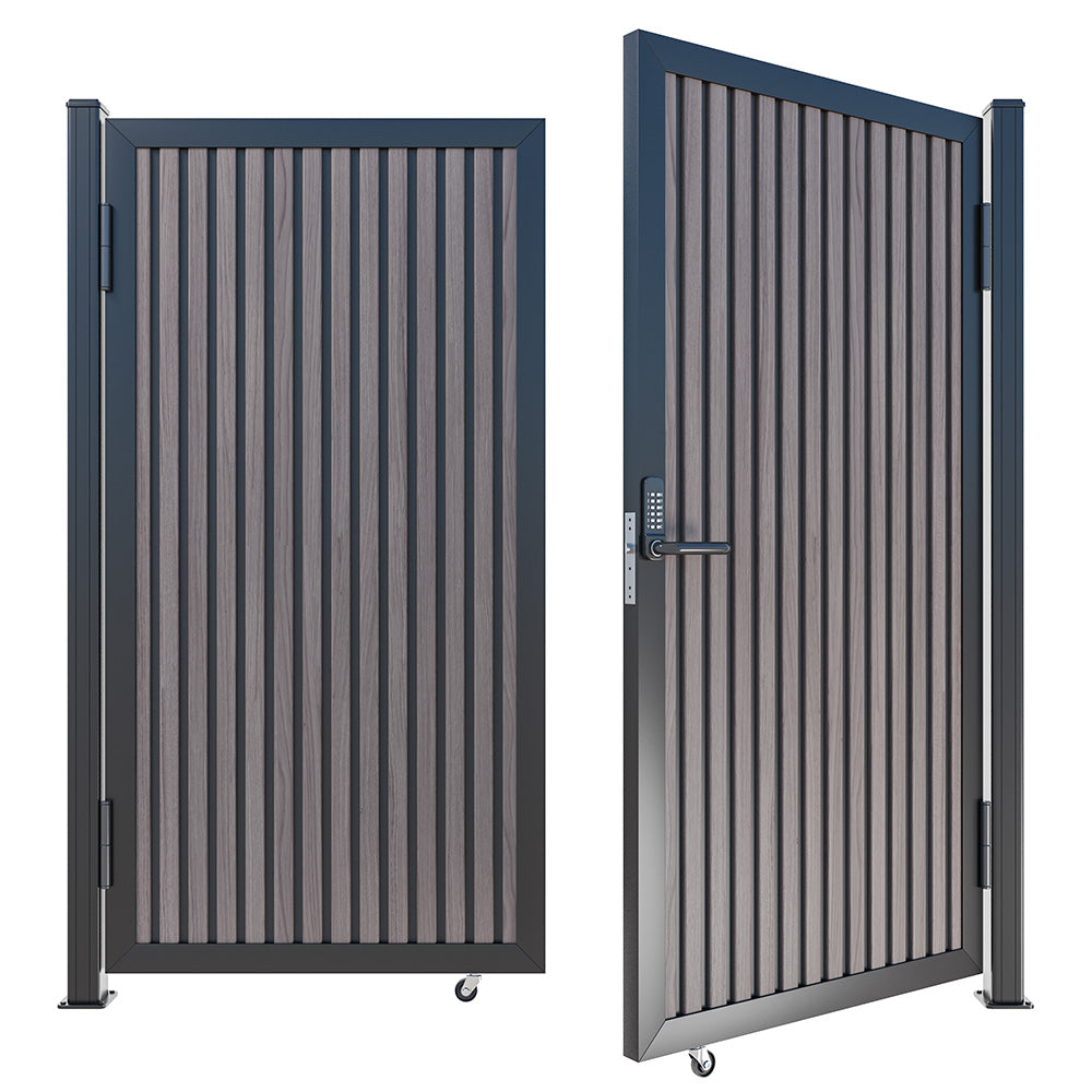 Modern WPC Slat Panel Single Privacy Gate with Digital Keypad Lock – American Walnut With Black Accents