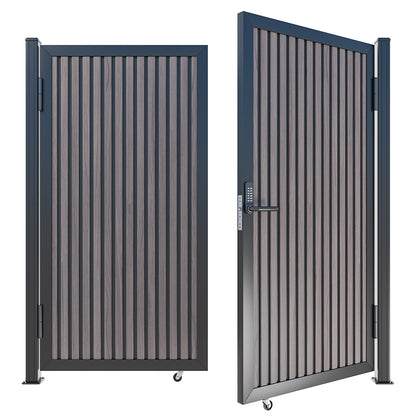 Modern WPC Slat Panel Single Privacy Gate with Digital Keypad Lock – American Walnut With Black Accents