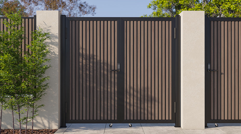 Modern WPC Slat Panel Single Privacy Gate with Digital Keypad Lock – American Walnut With Black Accents