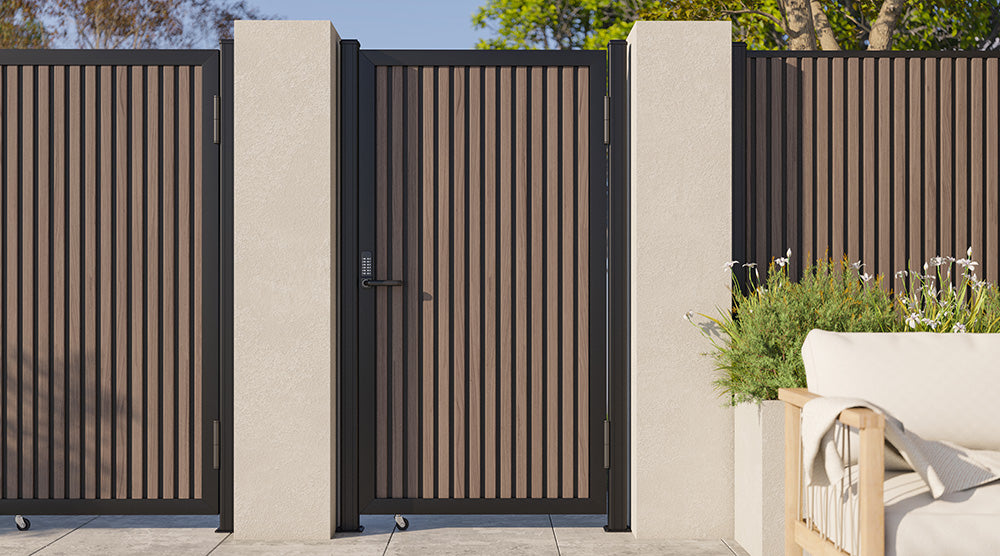 Modern WPC Slat Panel Single Privacy Gate with Digital Keypad Lock – American Walnut With Black Accents