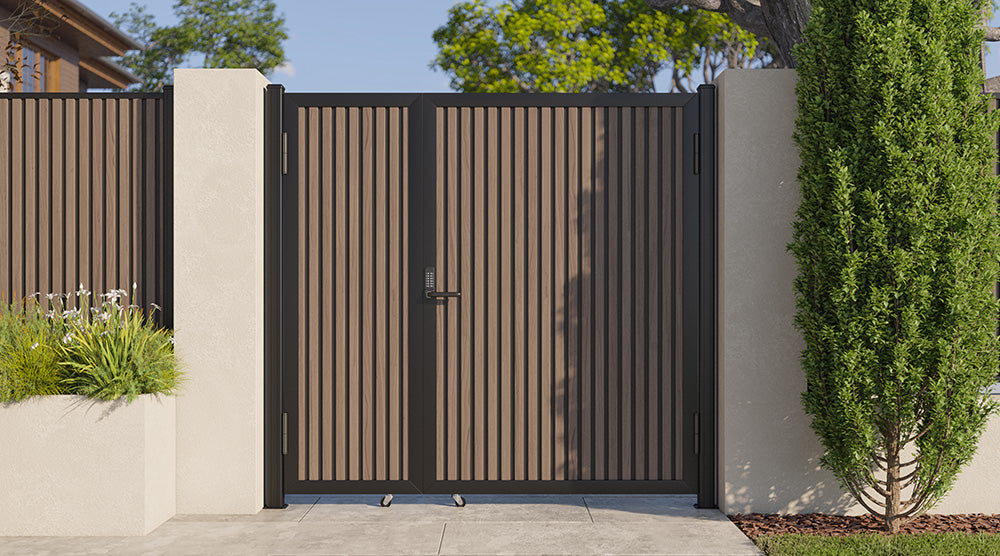 Modern WPC Slat Panel Single Privacy Gate with Digital Keypad Lock – American Walnut With Black Accents