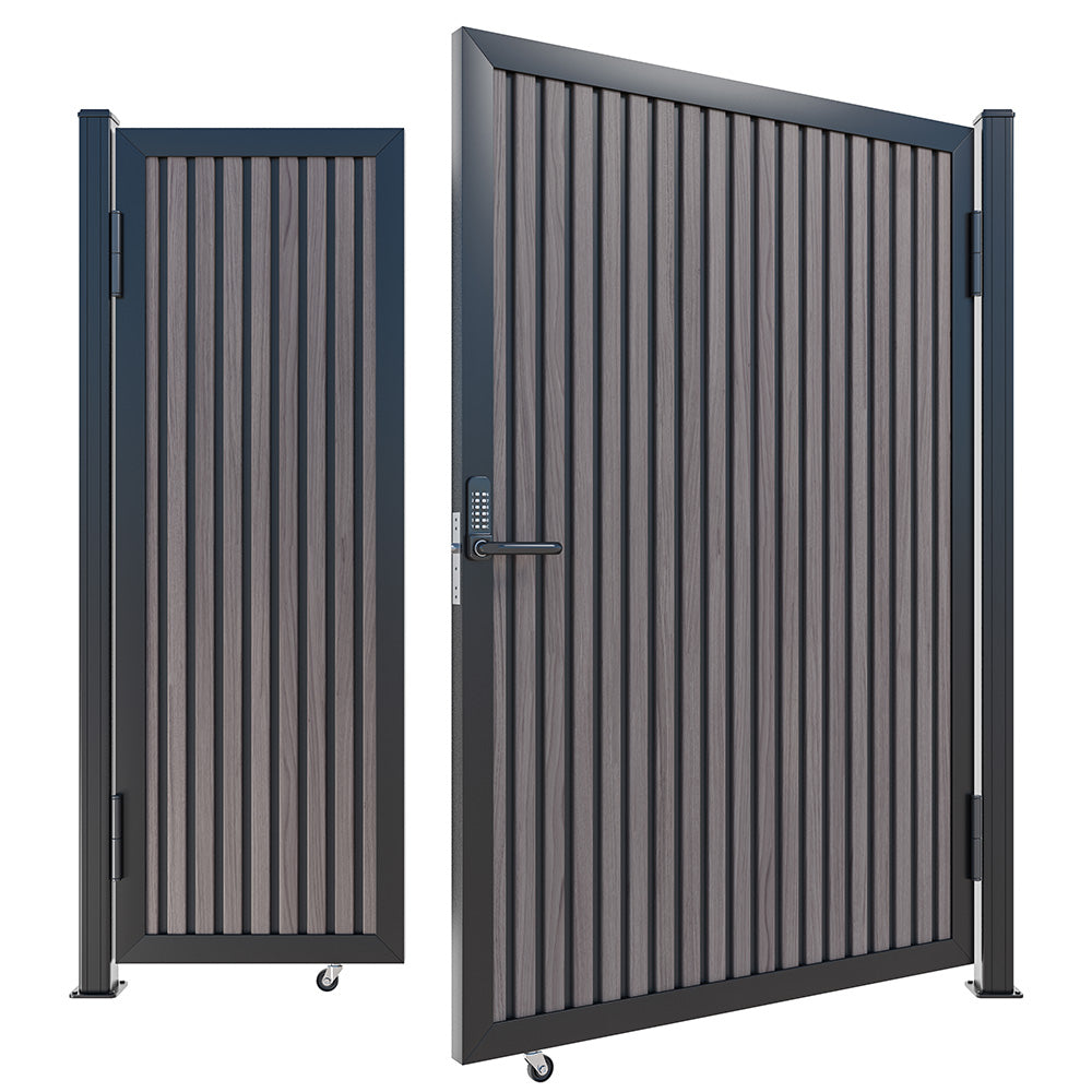 Modern WPC Slat Panel Single Privacy Gate with Digital Keypad Lock – American Walnut With Black Accents