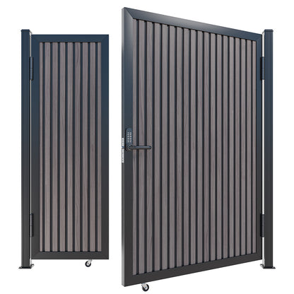 Modern WPC Slat Panel Single Privacy Gate with Digital Keypad Lock – American Walnut With Black Accents