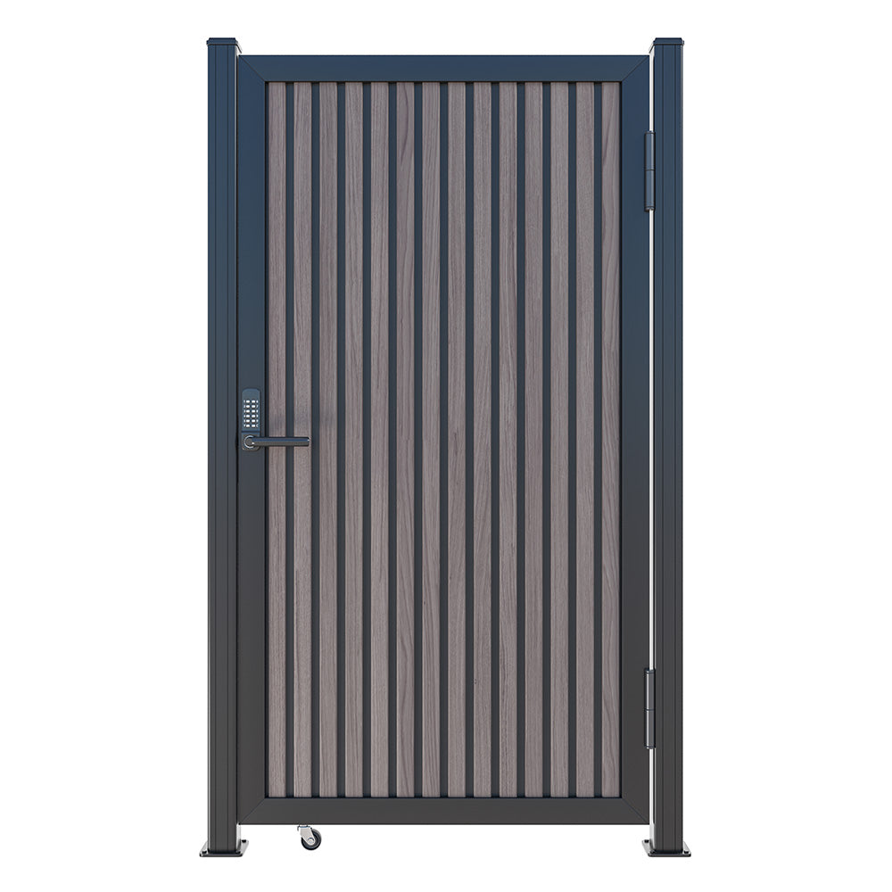 Modern WPC Slat Panel Single Privacy Gate with Digital Keypad Lock – American Walnut With Black Accents