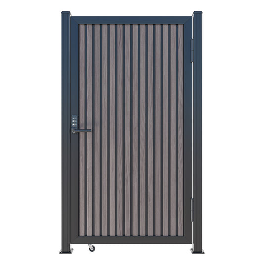 Modern WPC Slat Panel Single Privacy Gate with Digital Keypad Lock – American Walnut With Black Accents