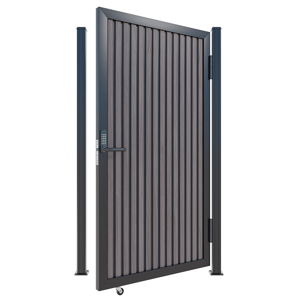 Modern WPC Slat Panel Single Privacy Gate with Digital Keypad Lock – American Walnut With Black Accents