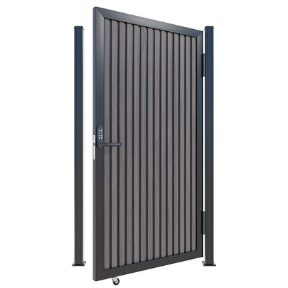 Modern WPC Slat Panel Single Privacy Gate with Digital Keypad Lock – American Walnut With Black Accents