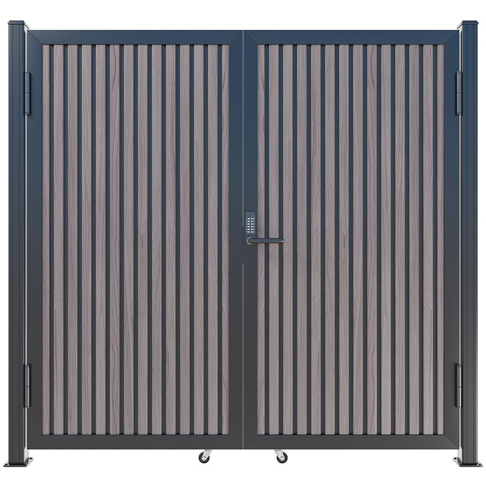 Modern WPC Slat Panel Single Privacy Gate with Digital Keypad Lock – American Walnut With Black Accents