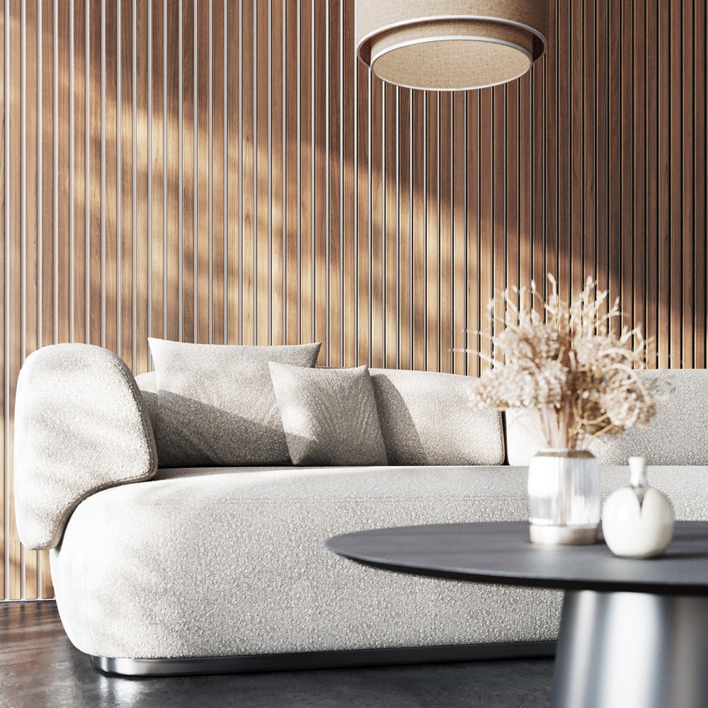 American Walnut Acoustic Wall Panels With Pure-White Accents Interior Soundproof Slat Wood Siding (Coastal Collection)