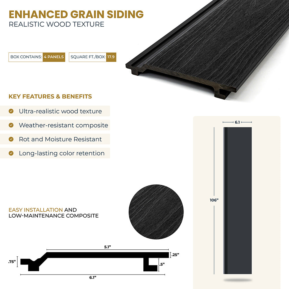 Enhanced Grain Wood-Like Composite Siding, Exterior Wall Paneling - Ebony