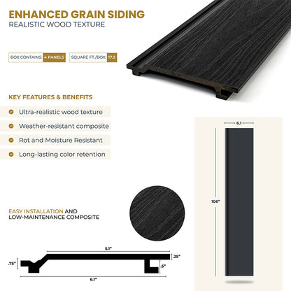 Enhanced Grain Wood-Like Composite Siding, Exterior Wall Paneling - Ebony