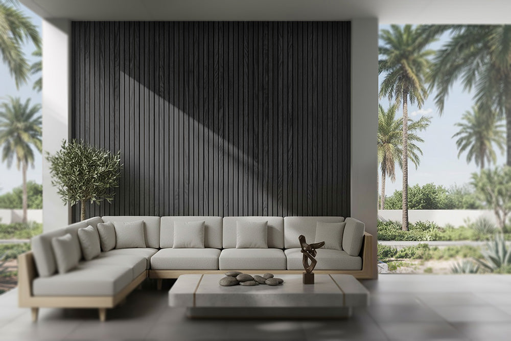 Charcoal Slate – All-Weather Composite Slat Panel System for Outdoor Siding – 4-Strip Panel with 1.5" Slats