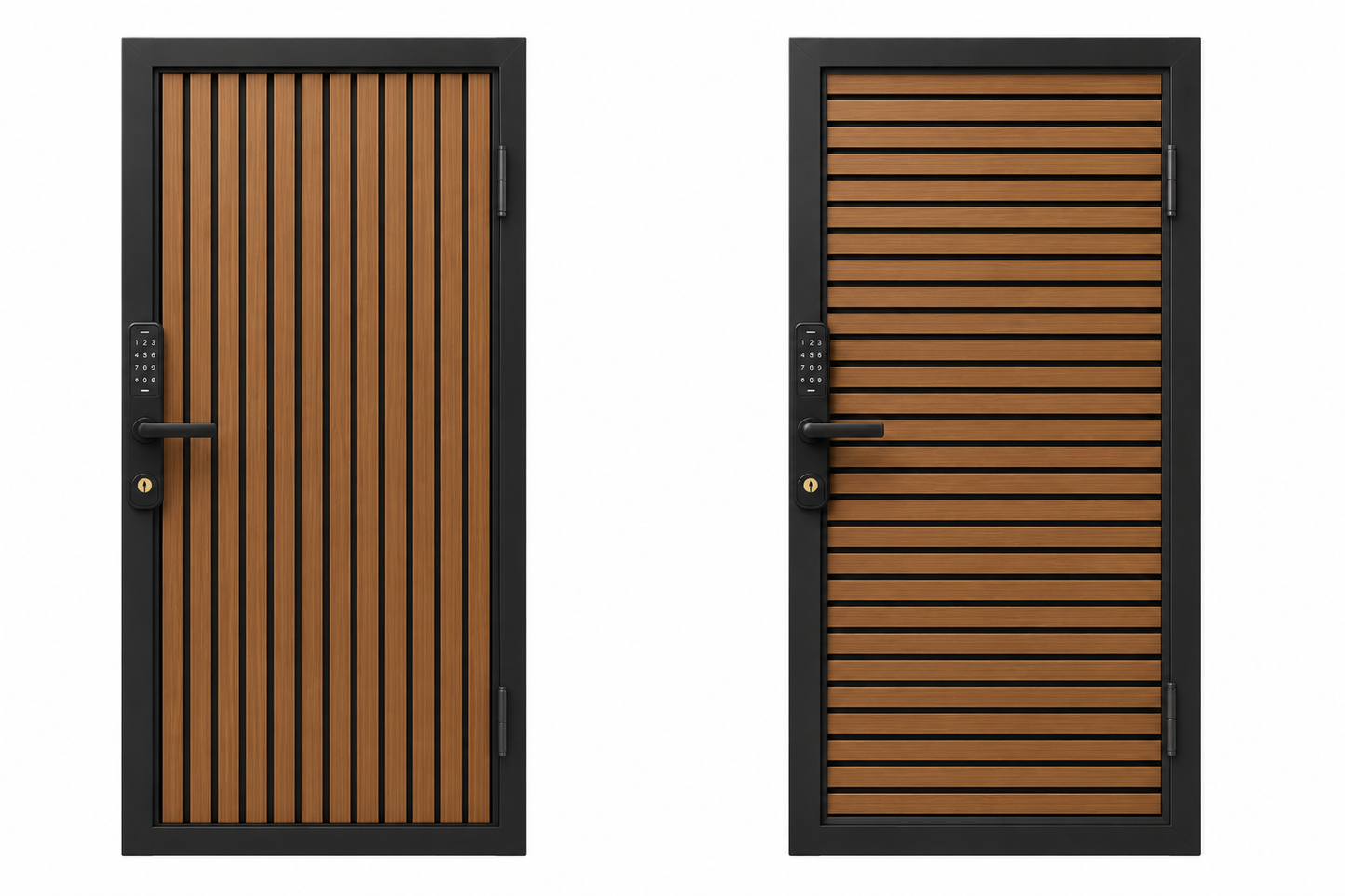 Modern WPC Slat Panel Single Privacy Gate with Digital Keypad Lock – Weathered Teak with Black Accents