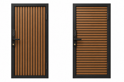 Modern WPC Slat Panel Single Privacy Gate with Digital Keypad Lock – Weathered Teak with Black Accents