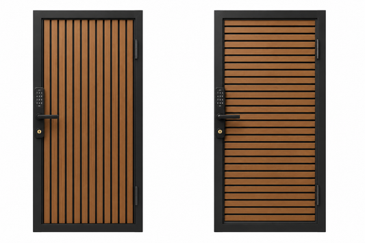 Modern WPC Slat Panel Single Privacy Gate with Digital Keypad Lock – Weathered Teak with Black Accents