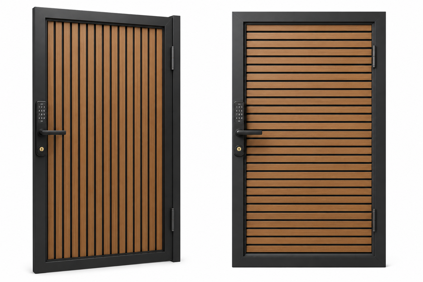 Modern WPC Slat Panel Single Privacy Gate with Digital Keypad Lock – Weathered Teak with Black Accents