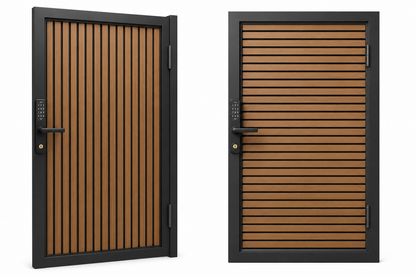Modern WPC Slat Panel Single Privacy Gate with Digital Keypad Lock – Weathered Teak with Black Accents