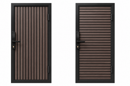 Modern WPC Slat Panel Single Privacy Gate with Digital Keypad Lock – American Walnut With Black Accents