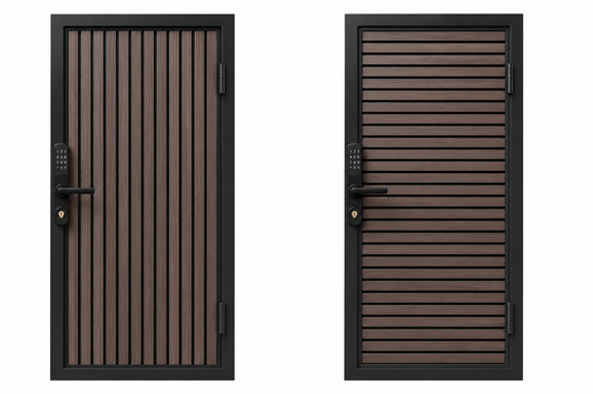 Modern WPC Slat Panel Single Privacy Gate with Digital Keypad Lock – American Walnut With Black Accents