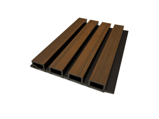 Dark Brown Exterior Slat Wall Paneling With Black Accents and Embossed Wood-Effect