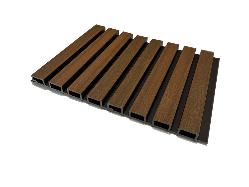 Dark Brown Exterior Slat Wall Paneling With Black Accents and Embossed Wood-Effect