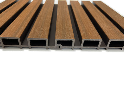 Dark Brown Exterior Slat Wall Paneling With Black Accents and Embossed Wood-Effect