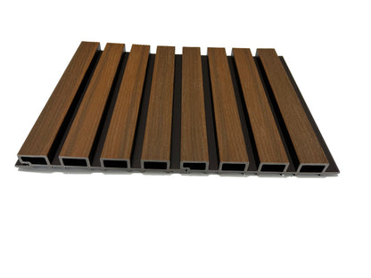 Dark Brown Exterior Slat Wall Paneling With Black Accents and Embossed Wood-Effect