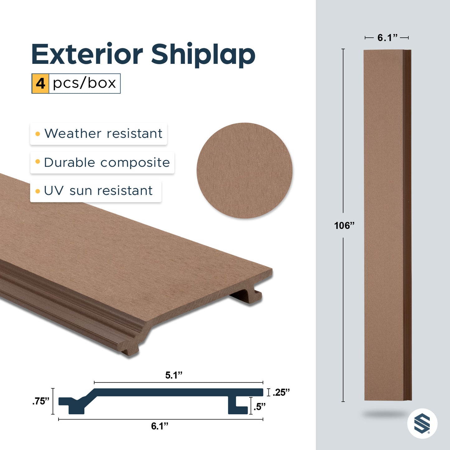 Exterior shiplap with dimensions and features on a gray background
