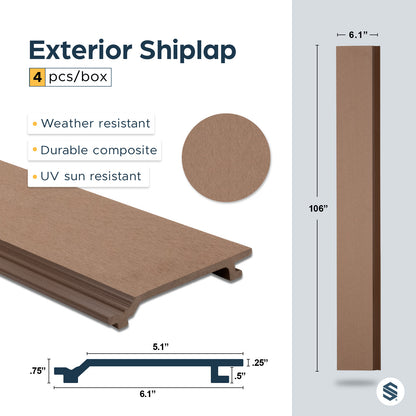 Exterior shiplap with dimensions and features on a gray background