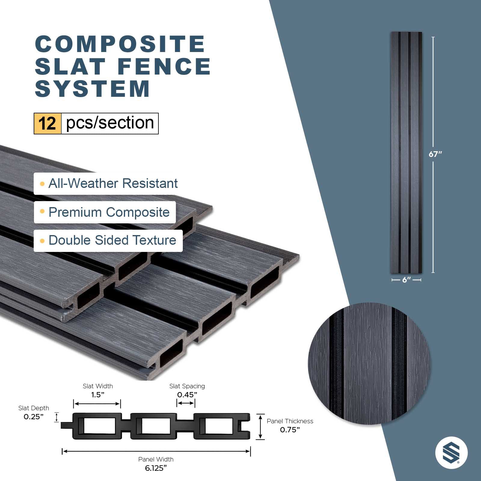 All-Weather WPC Composite Fence Slat Panel System - Graphite Charcoal Gray