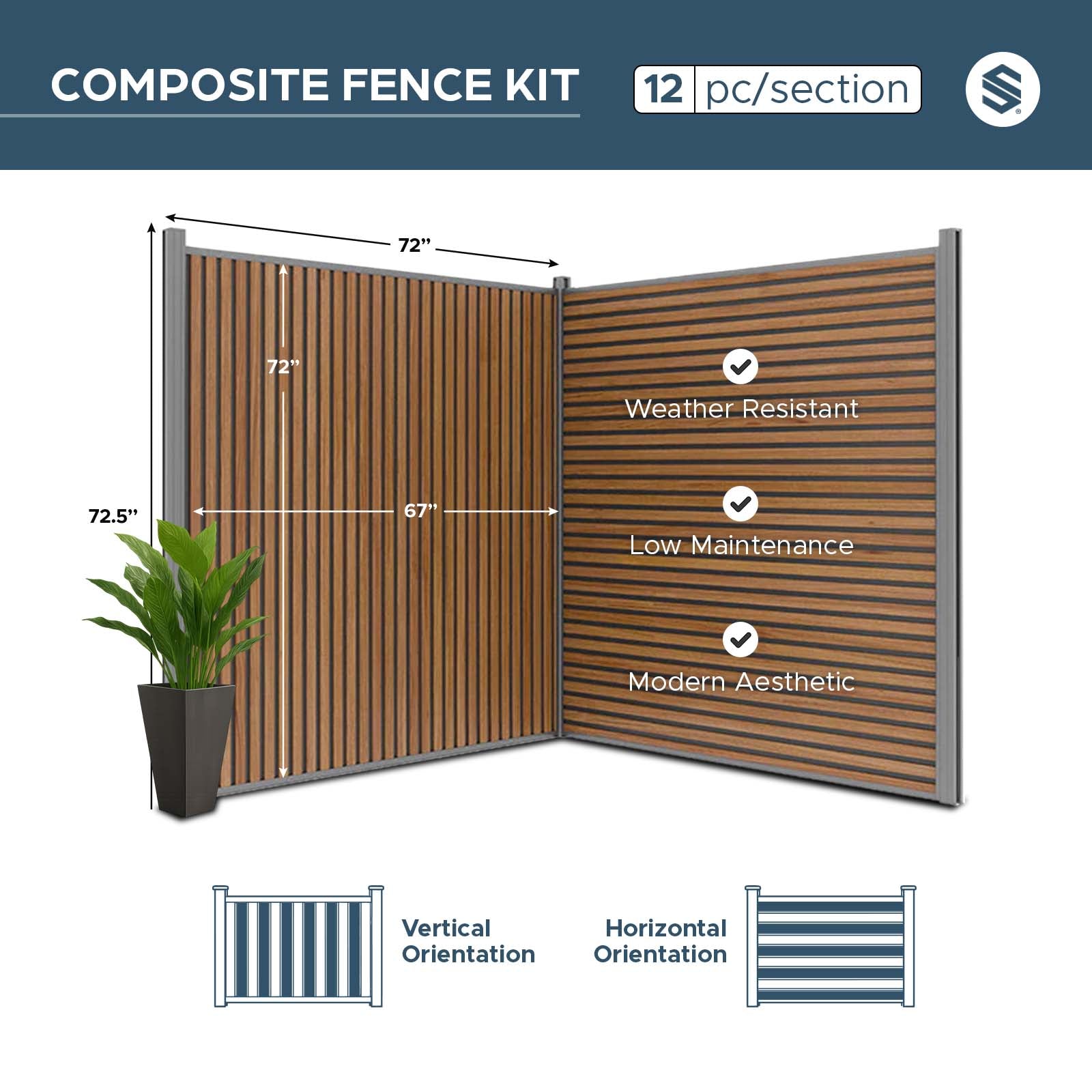 All-Weather WPC Composite Fence Slat Panel System - Weathered Teak With Black Accents