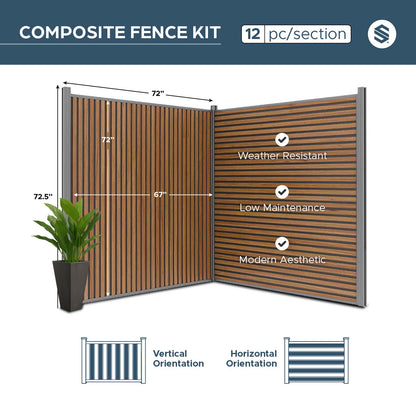 All-Weather WPC Composite Fence Slat Panel System - Weathered Teak With Black Accents