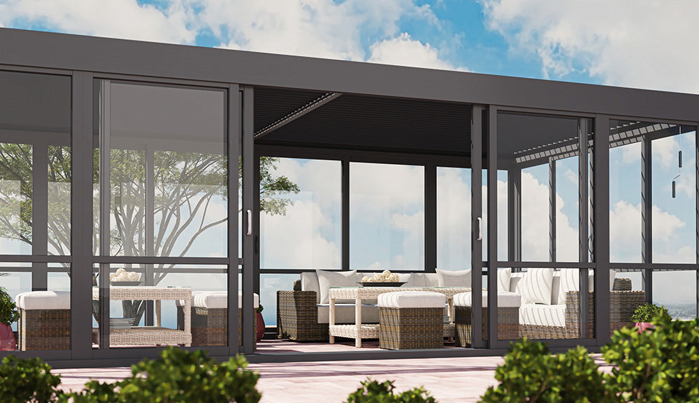 Cielos™ Louvered Roof Glass Pergola Outdoor Metal Gazebo Cabana Structure – Black 13' × 10' ft