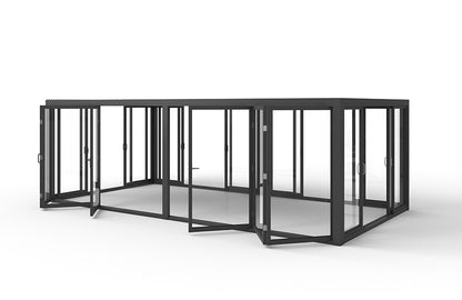 Aire™ Panorámica 360° Glass Pergola with Louvered Roof – Charcoal Gray 20′×10′ ft (Dual Bi-Fold Walls + Side Sliding Doors)