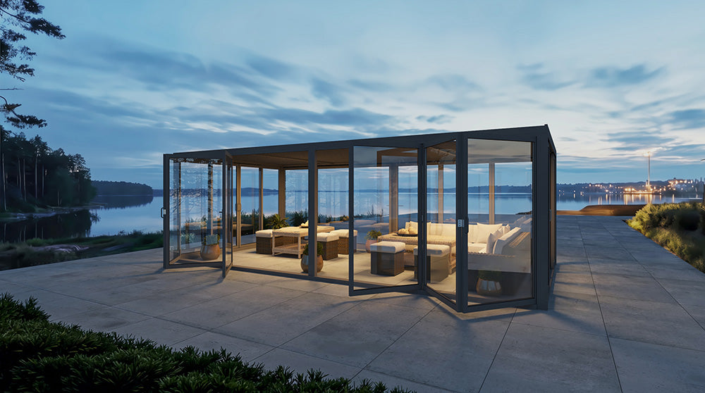 Aire™ Panorámica 360° Glass Pergola with Louvered Roof – Charcoal Gray 20′×10′ ft (Dual Bi-Fold Walls + Side Sliding Doors)