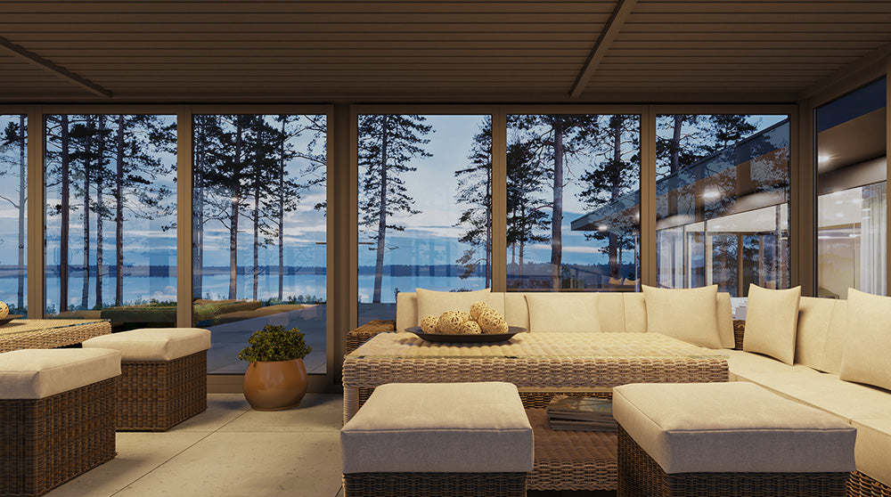 Aire™ Panorámica 360° Glass Pergola with Louvered Roof – Charcoal Gray 20′×10′ ft (Dual Bi-Fold Walls + Side Sliding Doors)