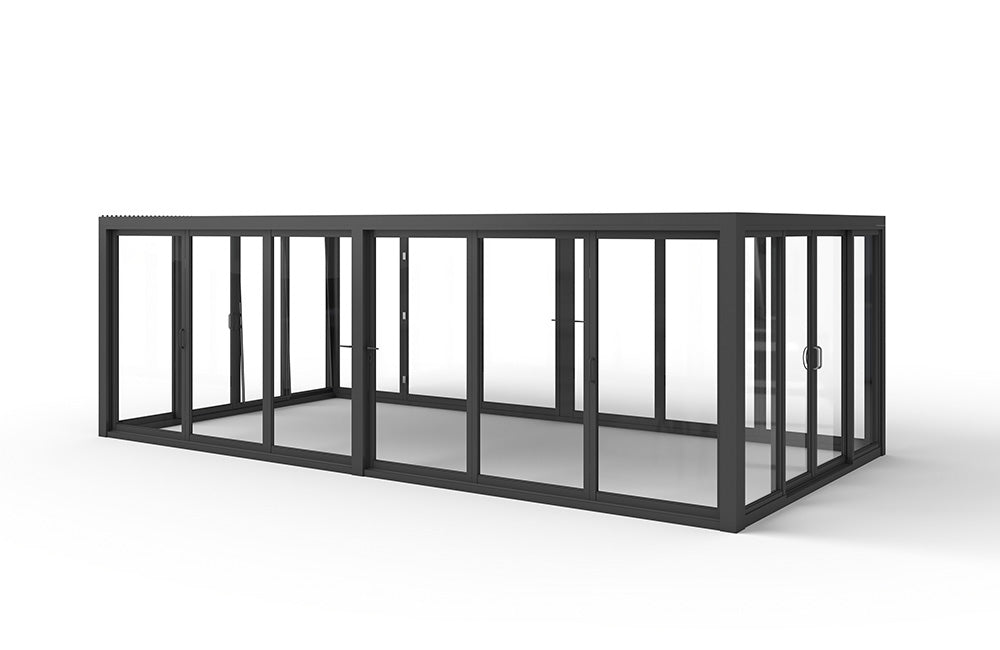 Aire™ Panorámica 360° Glass Pergola with Louvered Roof – Charcoal Gray 20′×10′ ft (Dual Bi-Fold Walls + Side Sliding Doors)