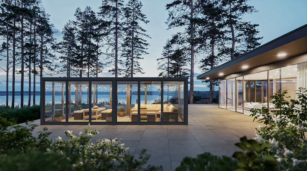 Aire™ Panorámica 360° Glass Pergola with Louvered Roof – Charcoal Gray 20′×10′ ft (Dual Bi-Fold Walls + Side Sliding Doors)